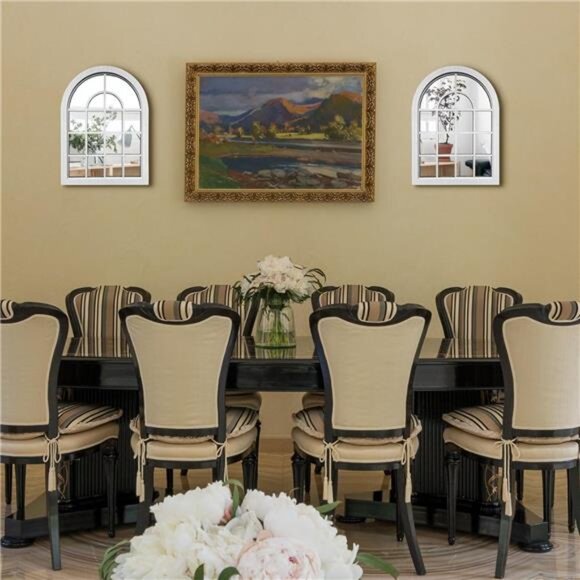 2PCS Arched Window Wall Mirror,Rustic Farmhouse Accent Mirror, Wood - Picture 2 of 8